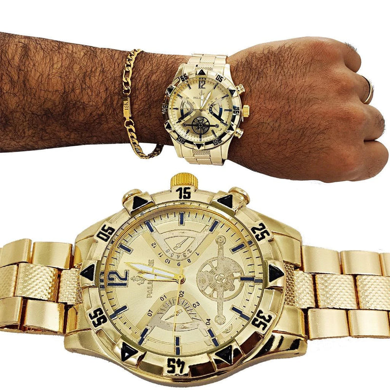Kit Relógio Masculino Banhado a Ouro 18k Dourado  Luxo + Corrente em Aço Banhada 18k Masculina + Pulseira e Pingente